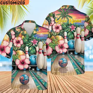 Personalized Bowling Hawaiian Shirt, Tropical Hibiscus Aloha Team Shirt, Funny Bowler Gift, Custom Vacation Button Down for Men Women