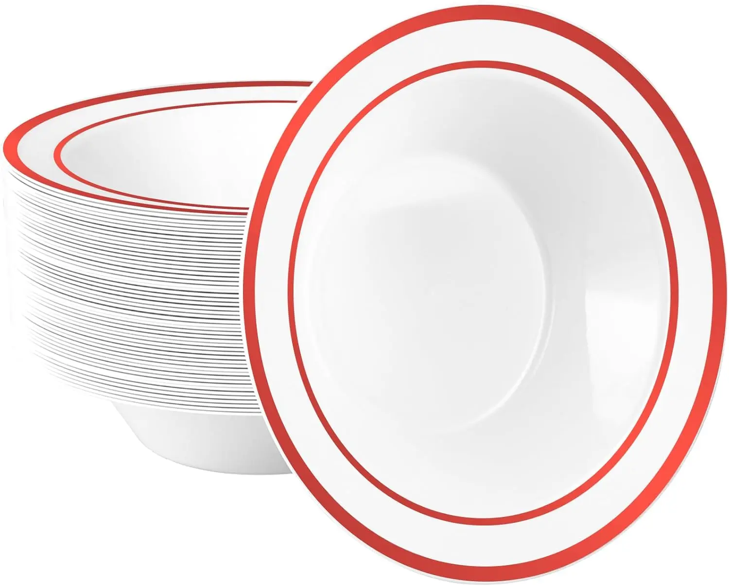 Goodluck 50 Pack Plastic Bowls with Red Rim | 12oz Disposable Soup Bowls, Heavy Duty Dessert Bowls for Weddings, Parties, Dinners, Catering, and Everyday Use