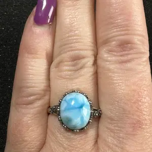 Beautiful baby blue oval Larimar S925 silver adjustable ring