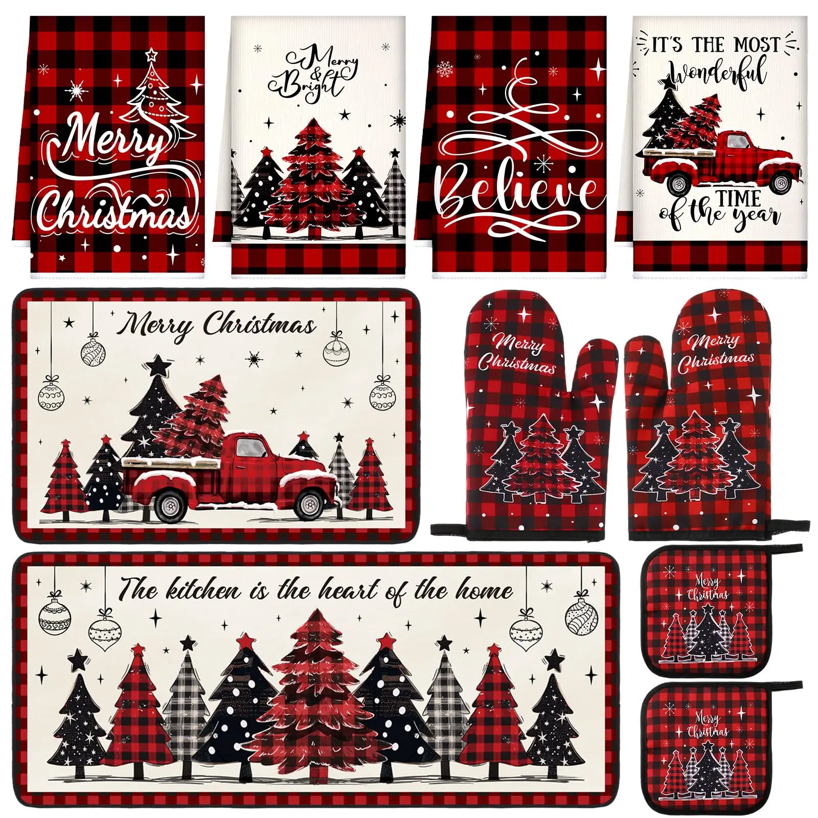 Christmas Kitchen Towel & Rug Set with Oven Mitts and Pot Holders, Farmhouse Holiday Baking Decor, Xmas Kitchen Gift
