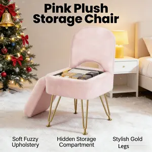 Small vanity stool with storage and folding backrest, 13.4 x 15 x 30 inch square lambswool soft cushion, 4 metal legs with non-slip feet, plush padded seat suitable for makeup, bedroom, available in pink/white
