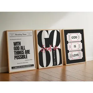 Set of 3 Trendy Christian Wall Art God is Good All The Time Print God is Love Poster With God all Things Are Possible Vintage Ticket Print