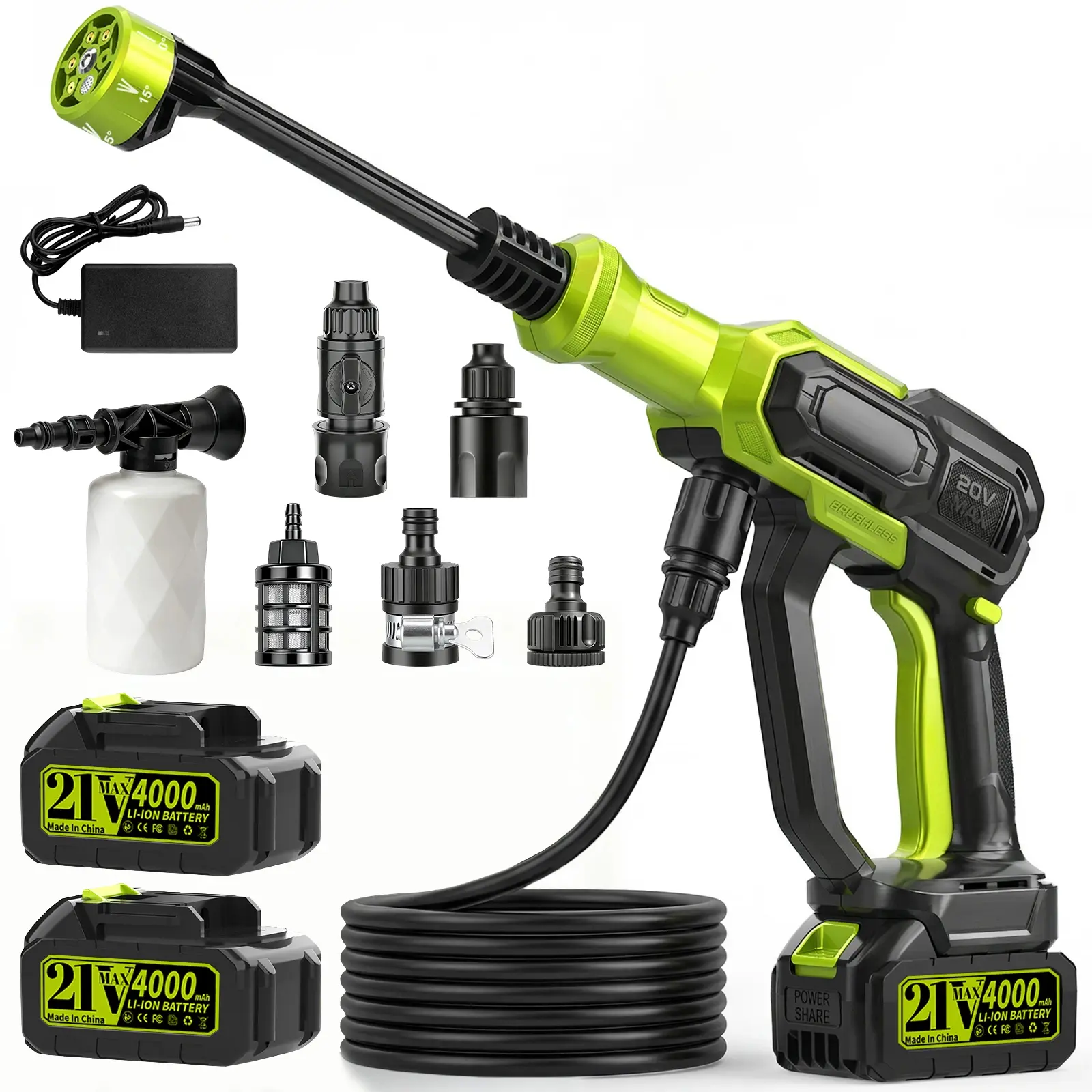 21V Cordless Battery-Operated Lightweight High Pressure Washer Full Set, Waterproof ABS Plastic Portable Cleaner with 2 Batteries, 6-in-1 Nozzle, Adjustable Water Flow, Filter Basket for Car Detailing, Garage Use