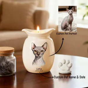 Personalized Cat Urns for Ashes With Candle Holder–Luxury Ceramic Pet Urns for Cat or Dog,Hand-Painting Portrait,Name&Date,Pet Loss Gift