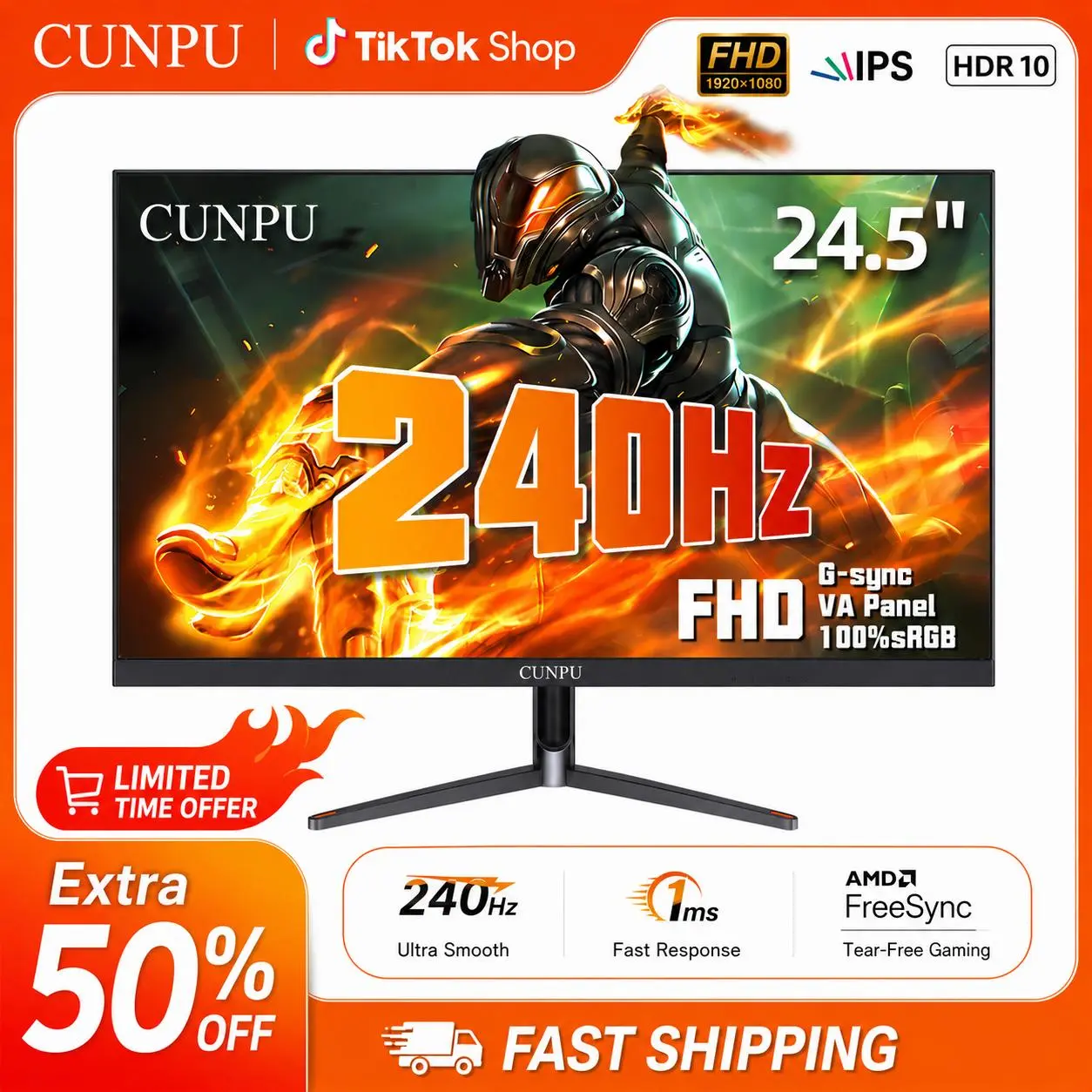 CUNPU G24FV24 24’’ 240Hz Gaming Monitor,FHD 1080P Fast VA,1ms MPRT Adaptive Sync,HDMI 2.1 DP1.4 , PS5 Xbox PC Monitor