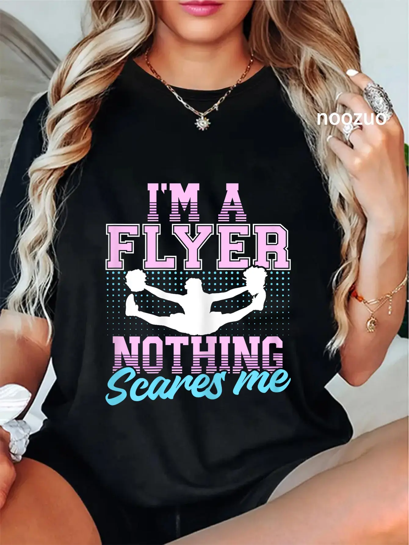 Women's 100% Cotton Round Neck Graphic Top, Unisex Everyday Streetwear T-Shirt with "I’m A Flyer Nothing Scares Me" Cheer Motif, Tshirt, Vintage, Casual, Cheer Slogan, Graphic Print, Playful Look, Short Sleeves, Unisex Cut, Clothes