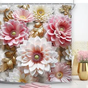 Pink Floral Shower Curtain for Bathroom Decor 60Wx72H Romantic Vintage Flower Gold Leaves Relief Sculpture Retro Plant Botanical Art Printed Fabric Polyester Waterproof 12 Pack Metal Hooks