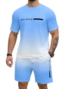 Summer Men's Gradient Print Sport Set, Balance Letter Short Sleeve T-Shirt + Shorts Two-Piece Set, Casual Fitted Suit