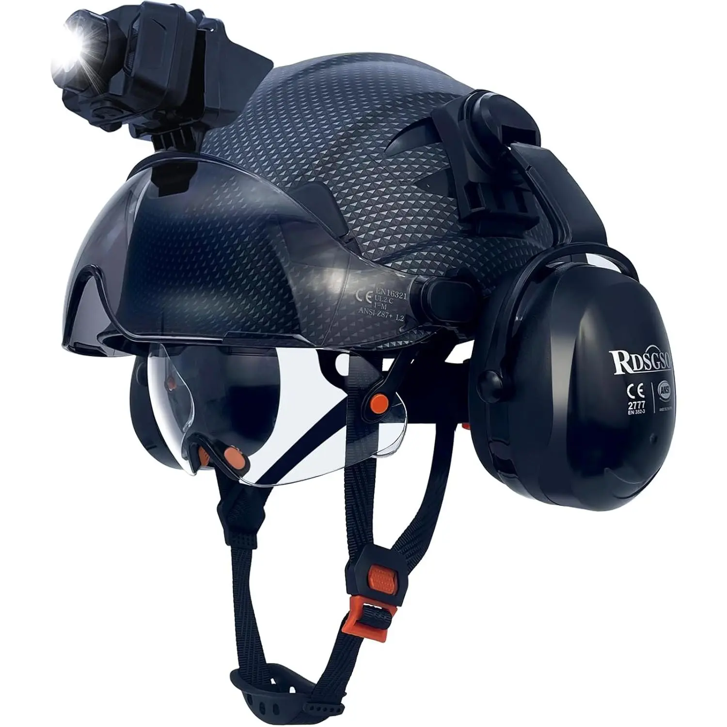 Full Brim Safety Hard Hat - All-in-1 Protective Gear with Built-in Headlight, Visor, Ear Muffs, 6-Point Adjustable Suspension, Ventilation Vents, Lightweight Design for Industrial Construction, Visibility Protection, Outdoor Work Safety Equipment