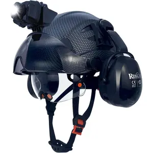 Enhanced Safety Helmet with Visor, Ear Muffs & Headlight| Ventilated Lightweight Construction Hard Hat, 6-Point Adjustable Suspension, Full Brim for Industrial Work, Mining, Repair, and Outdoor Projects