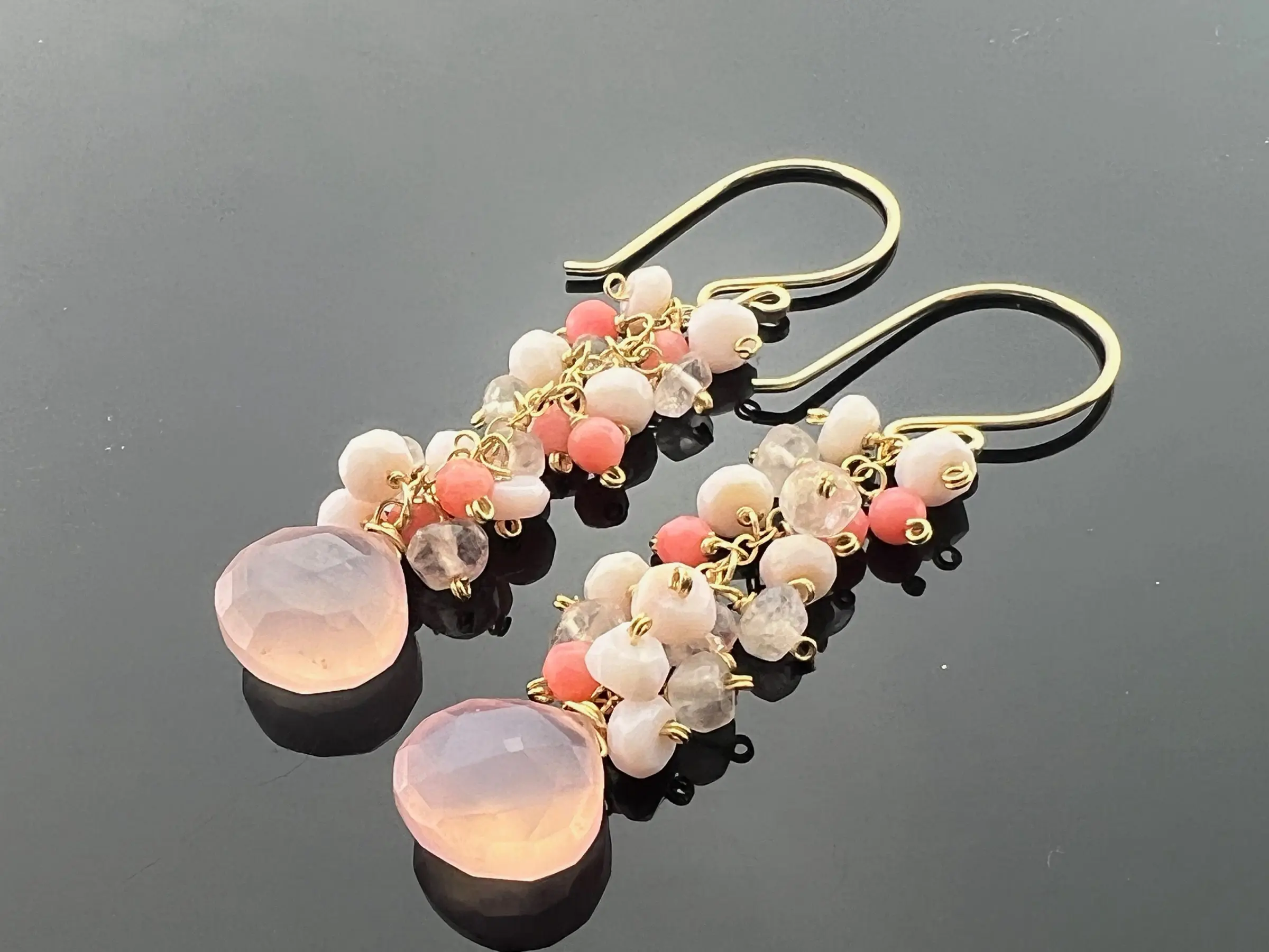Pink Gemstone Cluster Earrings · Rose Quartz · Pink Chalcedony · Opal & Coral · 14K Gold Filled · Feminine Gift · Handmade Jewelry