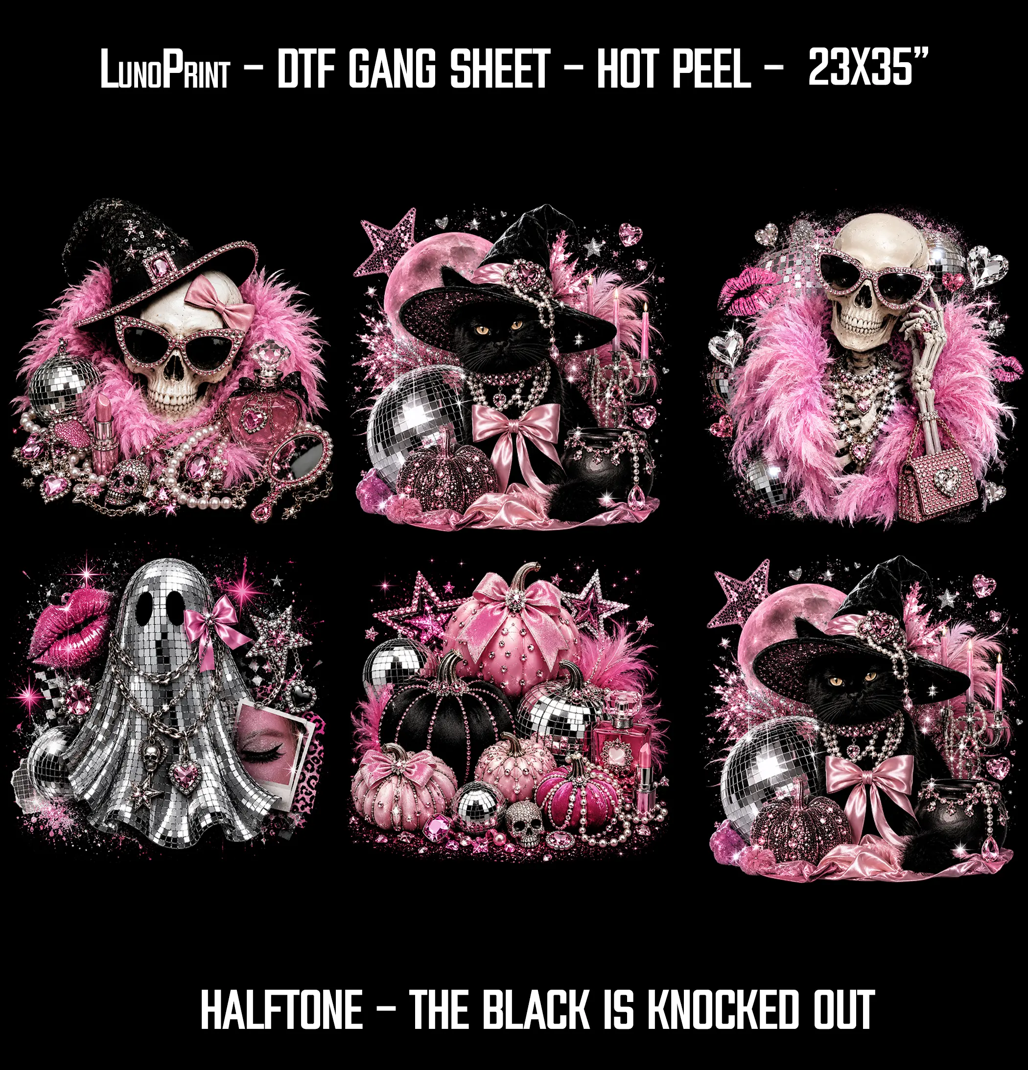 Halftone Glam Halloween DTF Gang Sheet, 23x35 in. Ready to Press Heat transfers