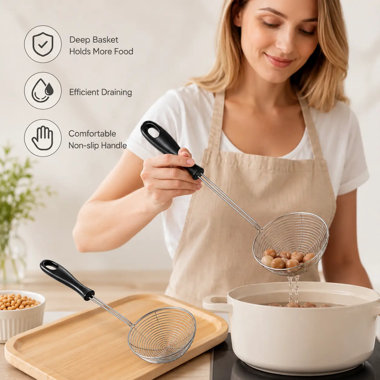 1-Count Stainless Steel Metal Wire Mesh Skimmer Strainer Kitchen Utensil, Non-Slip Heat-Resistant Handle, Deep Basket Sieve for Small Food Ingredients in Home Cooking