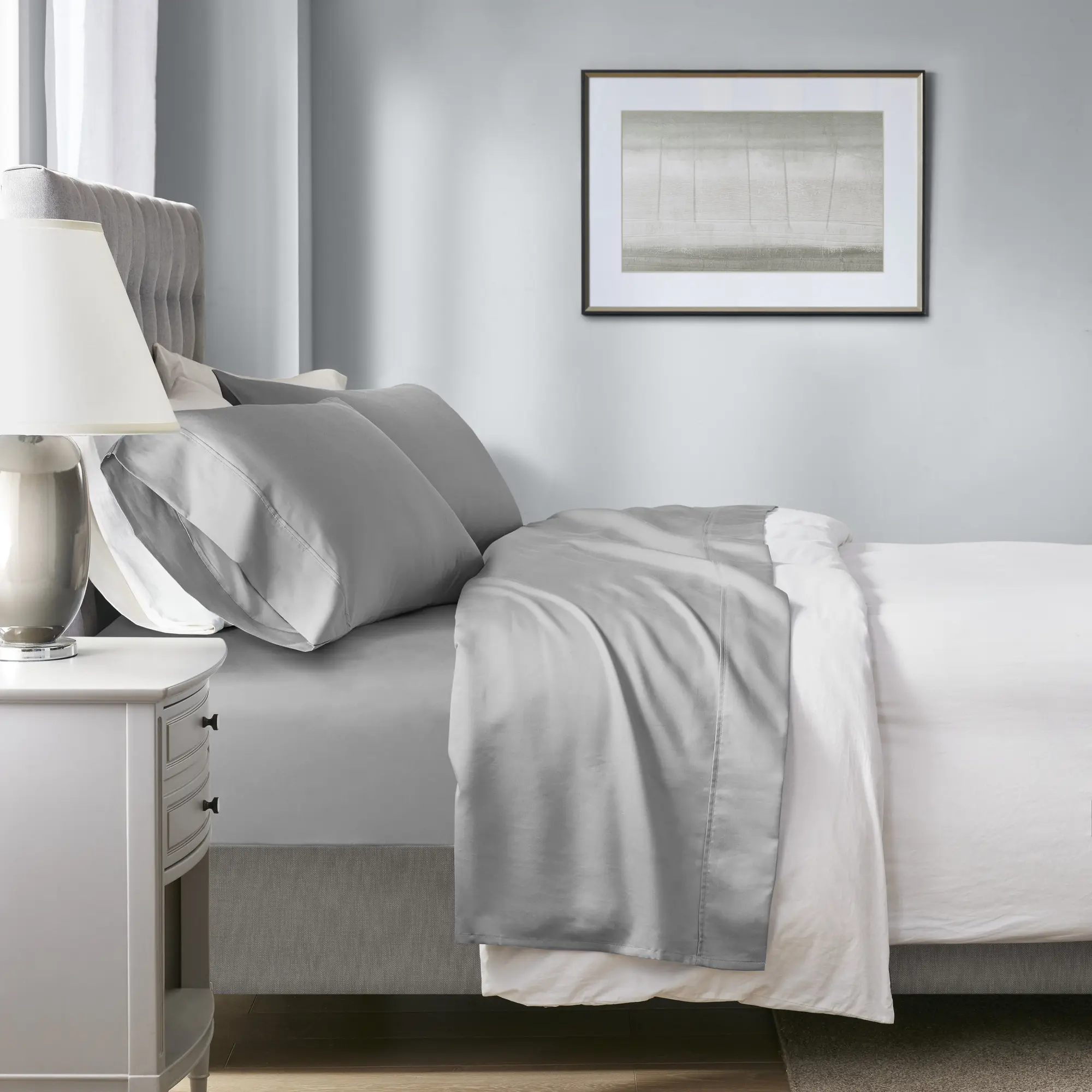 Full Size 4-Piece Sheet Set with HeiQ Smart Temperature Technology, Cotton Blend, Grey, Cooling & Moisture Wicking, Soft Breathable Bedding, Includes Fitted Sheet, Flat Sheet, and Pillowcases
