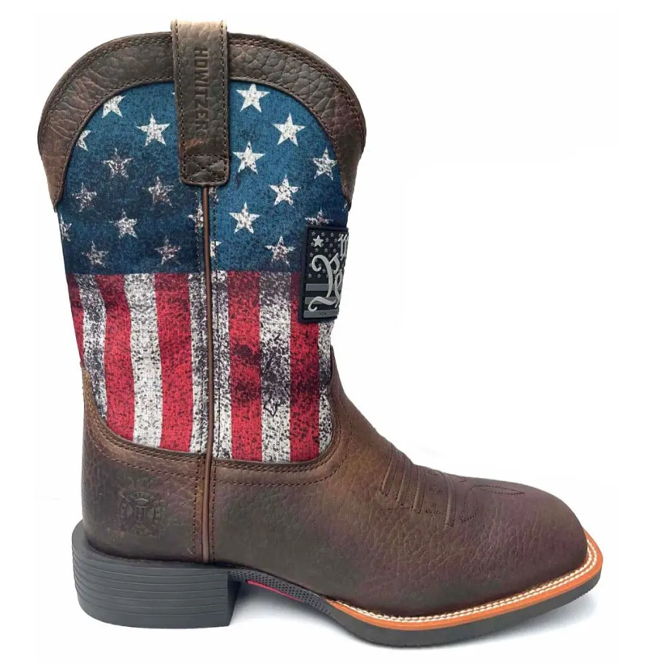 Howitzer Clothing Men's Full Grain Leather Mid-Calf Boots - Custom Graphic Freedom Stamp Design, Toecap Guard, Medium Height Block Heel, Cork Padding Layer, Pull-On, Rugged Casual, Rubber Outsole, American Company, Charitable Donations, Rubber Sole, Doubl