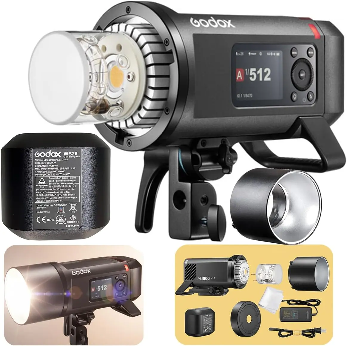 Godox AD600 Pro II Flash, 2.4G TTL GN87 Flash Strobe, 40W Bi-Color Modeling Light, Color Screen, 16 Color Groups Indicator, Freeze Mode, 1/1 to 1/512 in 0.1 Increment Steps Photography Lighting Kit  Photographic Kit