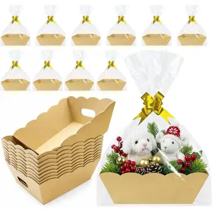 Dojomadf 10 Set Baskets for Gifts Empty, Kraft Gift Basket with Clear Bags & Bows, Gift Baskets Empty to Fill for Christmas Mother’s Day Wedding Birthday