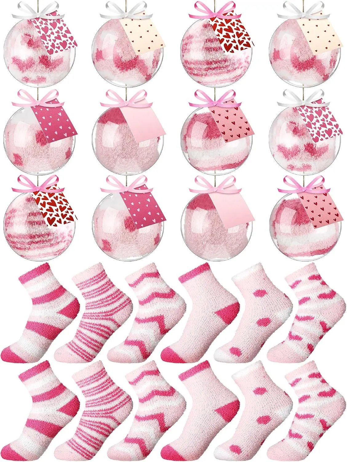 Cutecrop 12-Pair Heart Print Fuzzy Fabric Sock Set for Women, Soft Texture Valentine's Day Gift Giving Item (Pink Heart)