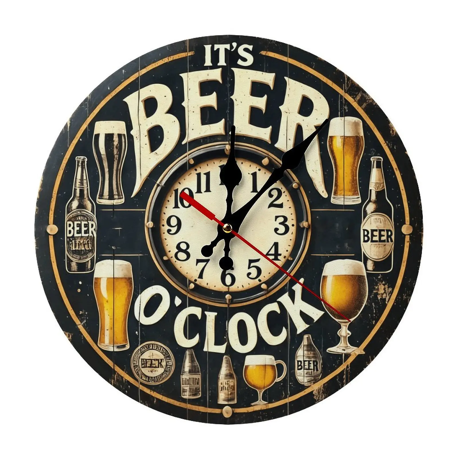 Silent Rustic Wooden Wall Clock - 10/12 in Flat Design, Retro-Inspired Dial-Type Large-Format Rustic Wall Clock, "It's Beer O'Clock" Bar Man Cave Home Decor, Retro-Inspired Wall Clocks, Dial-Type Wall Clocks