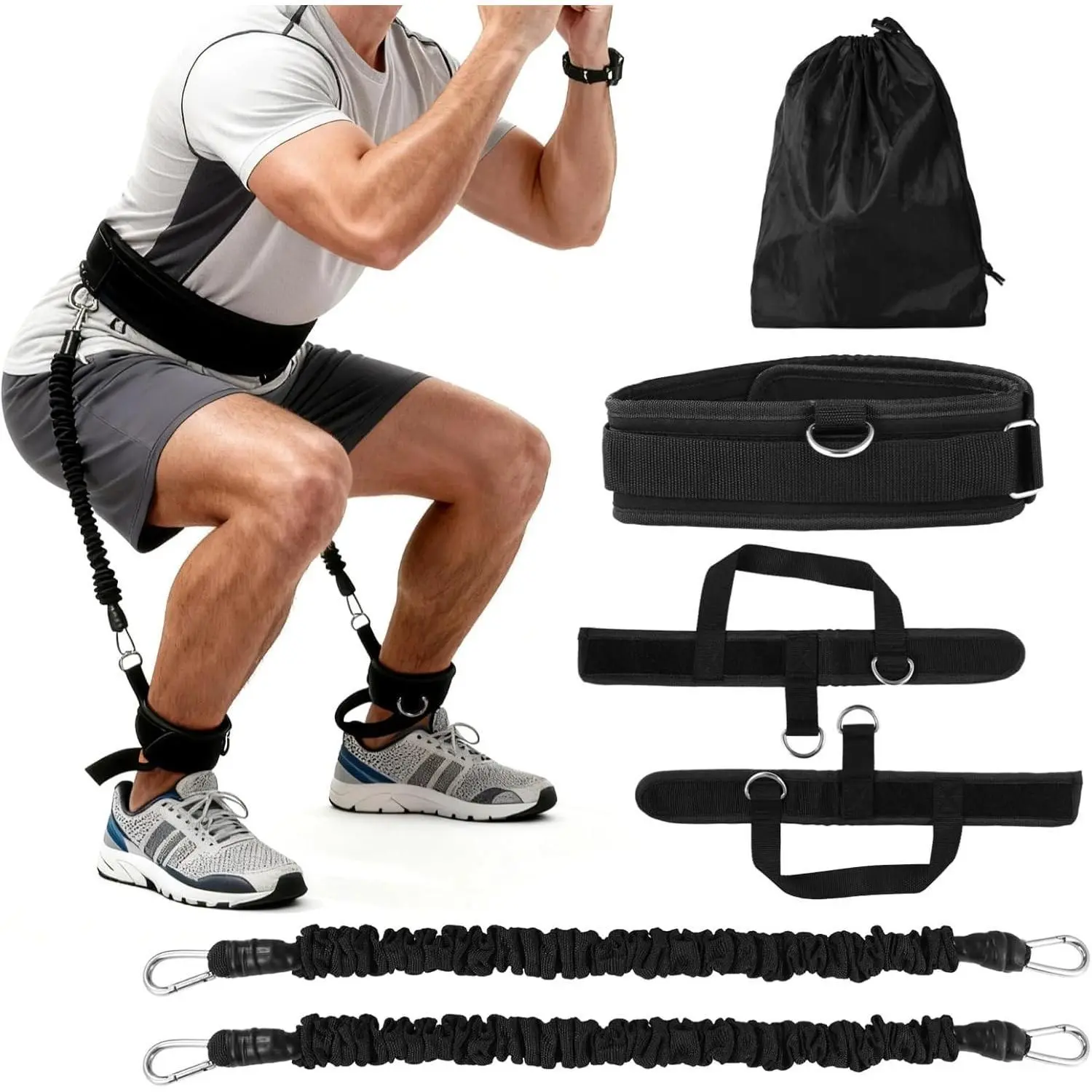Adjustable Vertical Jump Trainer with Padded Straps, 1 Waist Belt, 2 Ankle Straps, 2 Resistance Bands, Metal Buckles, Strong Hold - Portable Gym/Home Leg Strength Resistance Belt with Drawstring Storage Bag for Basketball, Squat Workouts, Jump Training