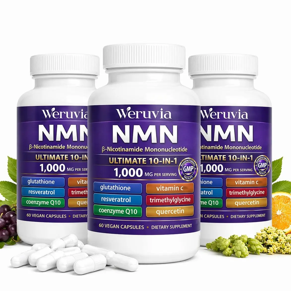summervibes NMN Complex Formula, 1000mg per serving, 60vegetarian capsules | 10-in-1 formula containingNicotinamide Mononucleotide, Vitamin C, Resveratrol,Coenzyme Q10, Trimethylglycine, Quercetin, andGlutathione