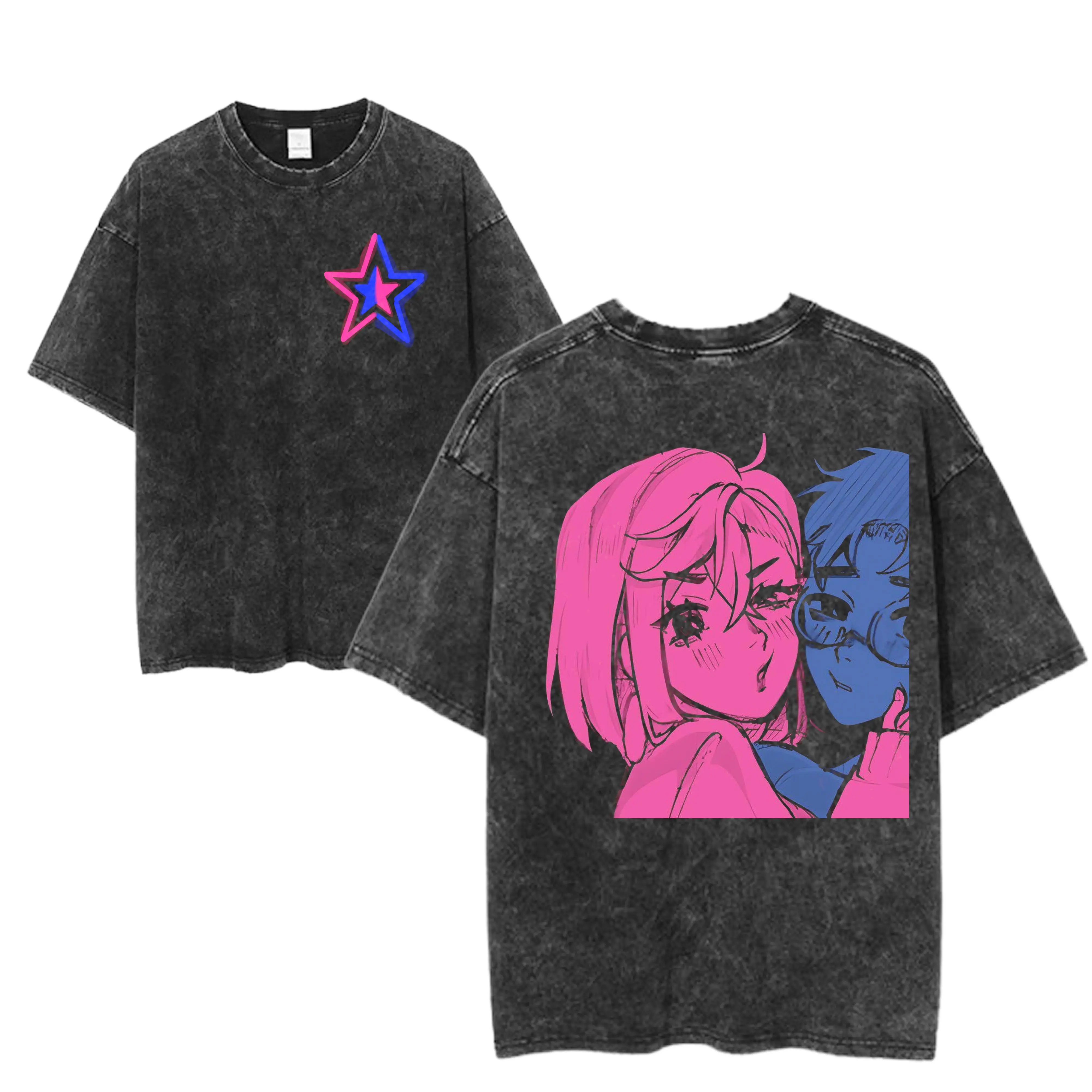 TV Girl x Dandadan Graphic Tee, Retro Neon Anime Crossover Shirt, Vaporwave Manga Love Design, Trippy Star Front Detail, Crew Neck T-Shirt, Streetwear Short Sleeve Tshirt, Unisex Menswear Womenswear Top