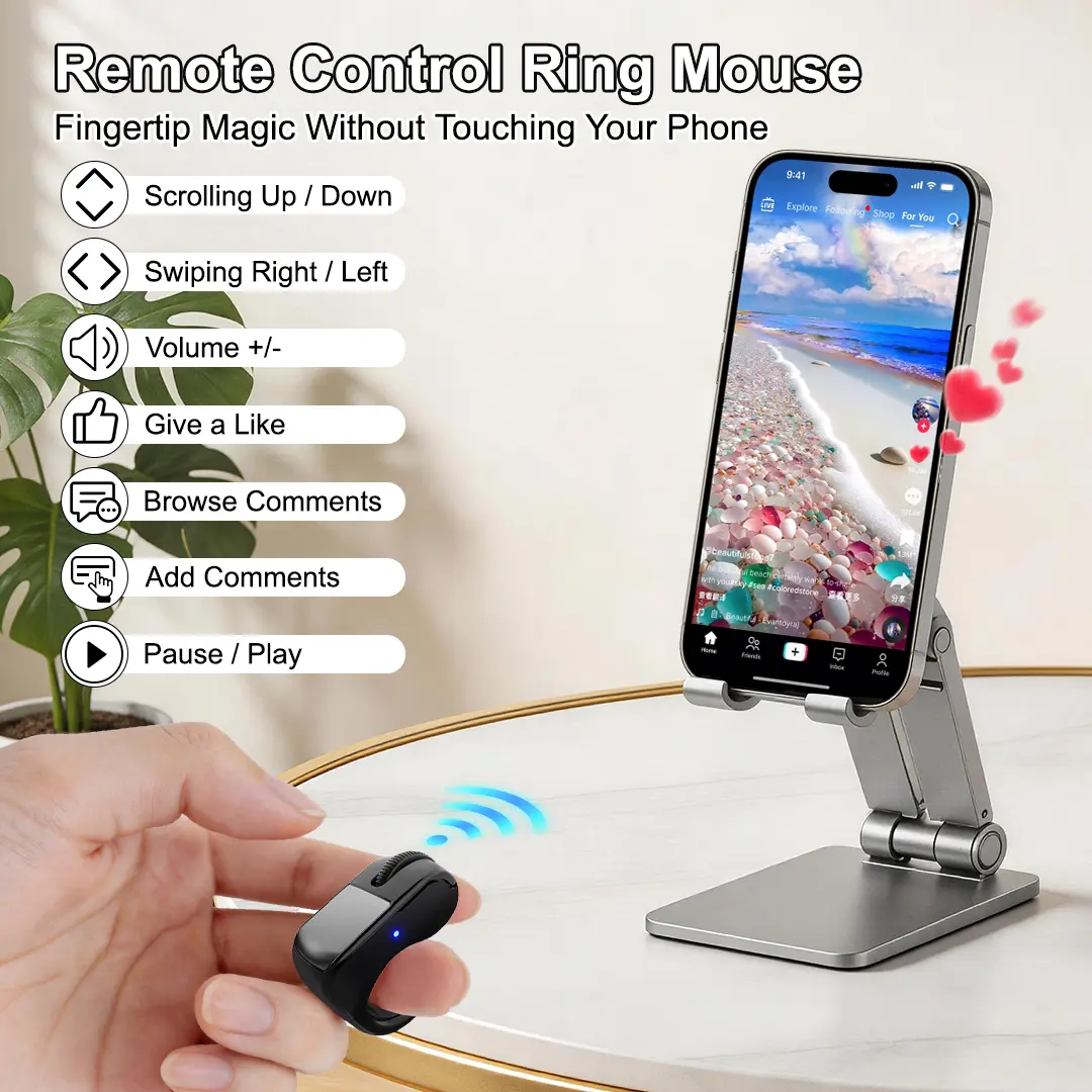 Bluetooth+2.4G Remote Control Scrolling Finger Ring Air Mouse with Touchpad for TikTok, Wireless Clicker, Video Scroller, Page Turn for Kindle APP, Presenter Remote, Selfie, Rechargeable, Remote Mice for Android iOS & PC Laptop Mac Tablet Computer Black