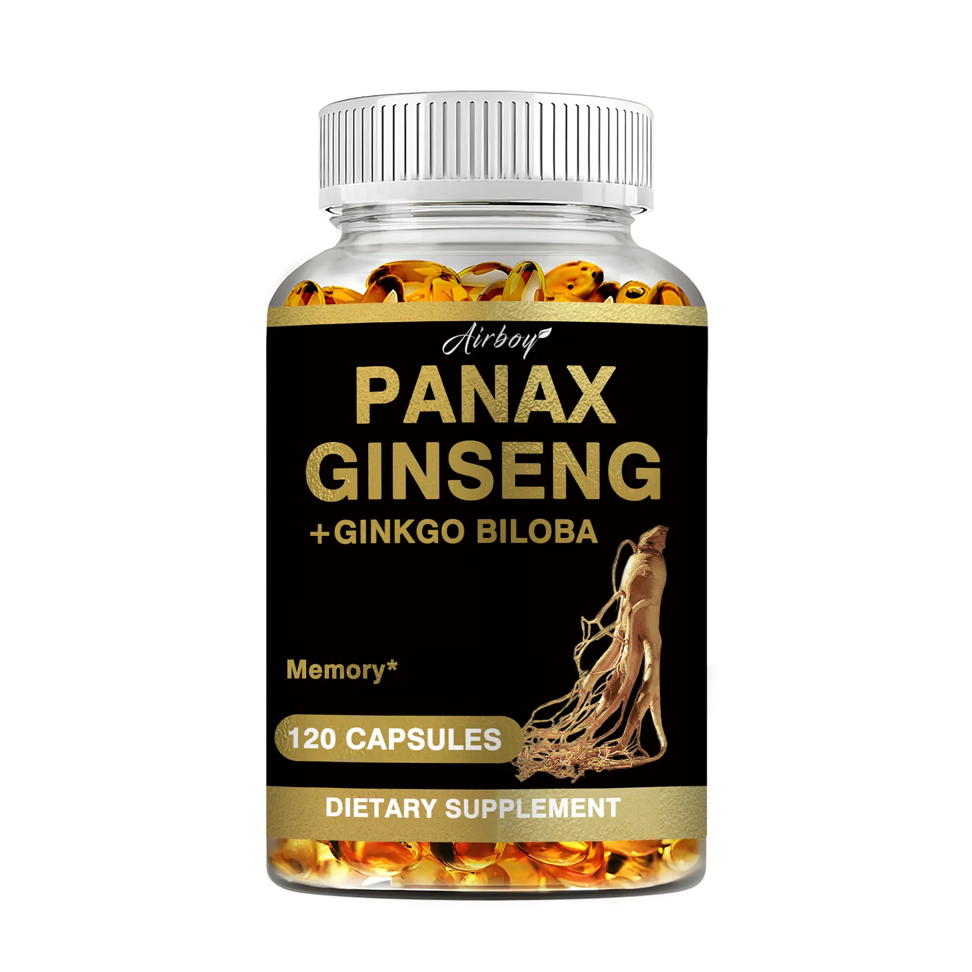 Airboy Authentic Korean Red Panax Ginseng-Ginkgo Biloba Dietary Supplement, 60/120 Vegetarian Capsules, 1000mg Root Extract Powder (10% Ginsenosides), Brain Boost & Mood, Performance Support Panax Ginseng Supplement, Brain Boost Supplement
