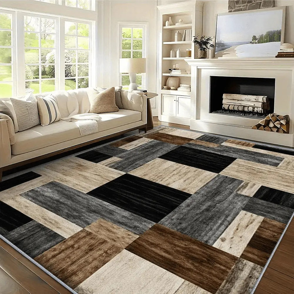 Luxury Velvet Minimalist Rug - Plaid Modern Geometric Design with Purple Accents, Durable Anti-Skid Stays Put Grip Backing, Machine Washable Crochet Oversized Dustproof Carpet for High-Traffic Living Room Decor