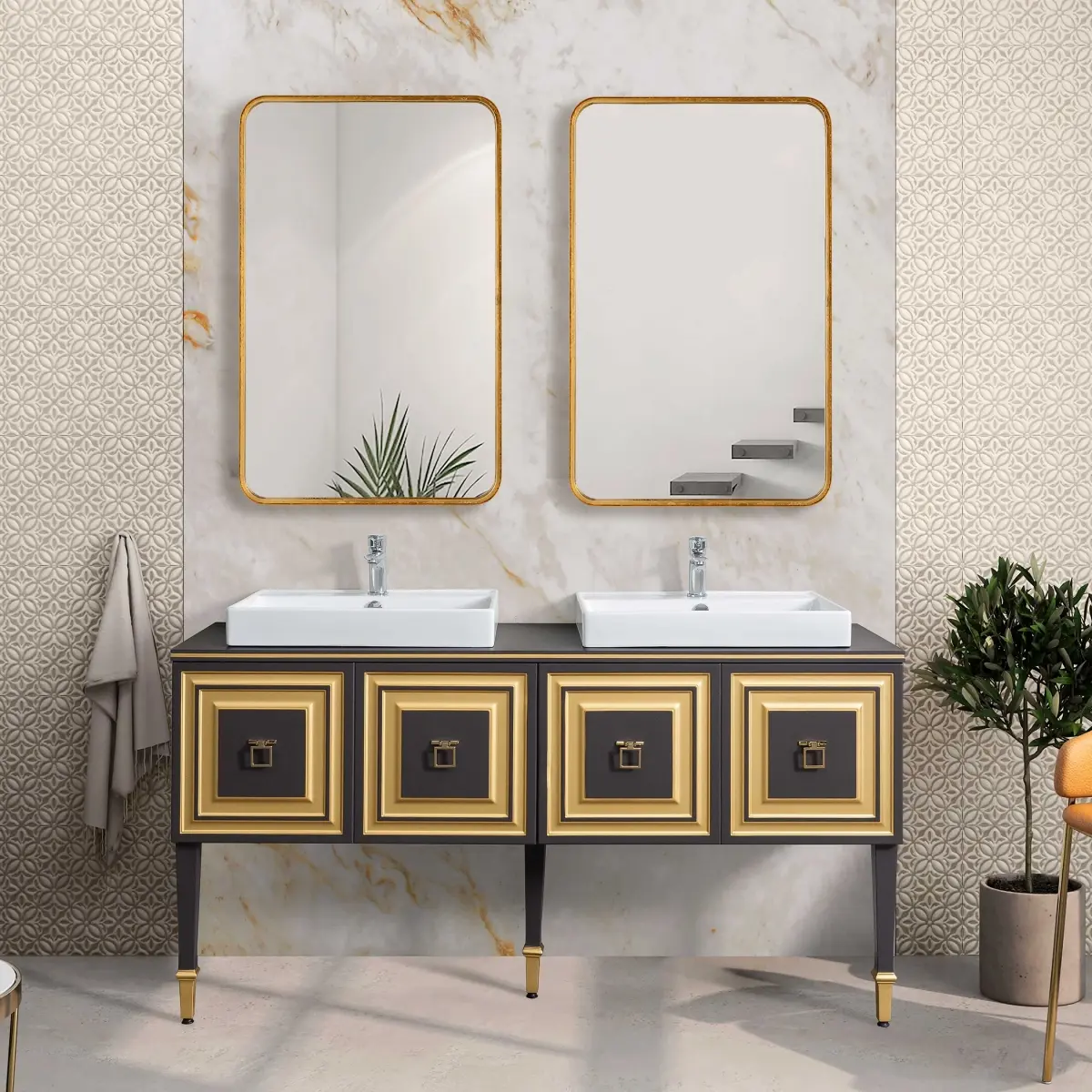 212 Main Modern Metal Leaf-Accented Round Rectangle Mirror, 24x38x1 in Gold, Wall Hanging Home Decor for Living Spaces