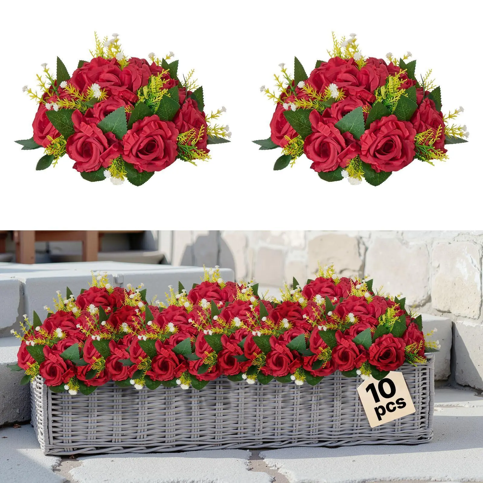 【SummerFinds】VEVOR Flower Balls Arrangement Bouquet 10 PCS, 9.5-Inch Wedding Red Roses Centerpieces, Fake Flowers Kissing Balls Decor Artificial Floral Arrangements Flower Bouquet for Home Party Table Decorations