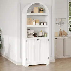 72" Tall Arched Bookcase with Doors – 5-Tier Wood Storage Cabinet with Adjustable Shelves – Modern Standing Bookshelf & Pantry for Living Room, Kitchen, Office