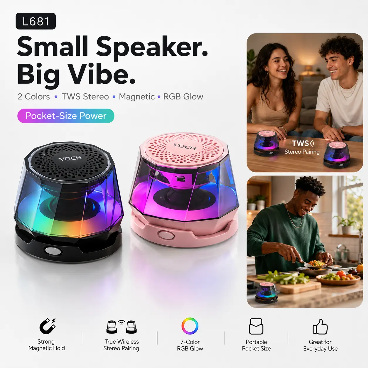 Portable Bluetooth Audio Speaker - 1-Touch Auto TWS Pairing, 2-Speaker Connect for Powerful Stereo Sound, Magnetic Phone Stand, RGB Lights, 12H Playtime, Pocket Size for Gaming, Camping, Portable Speakers