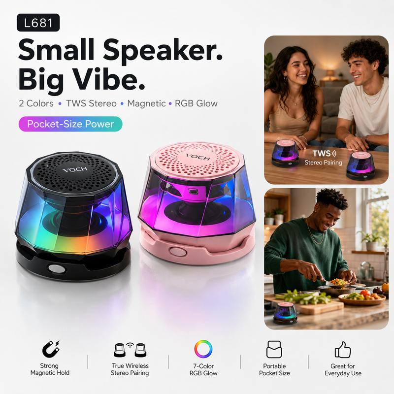 Wantek Portable Bluetooth LED Speaker - Wireless, 1-Touch Auto TWS Pairing, Dual Bluetooth Speakers for Powerful Stereo Sound, Magnetic Stand, RGB Lights, 12H Playtime, Pocket Size for Gaming, Camping