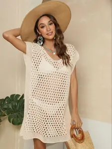 Women's Solid Color Hollow Out Open Front Sheer Cover Up Dress, Casual 3/4 Sleeve Cover Up Dress for Beach Holiday Vacation, Ladies Clothes for All Seasons, Clothing, Swimwear Coverups