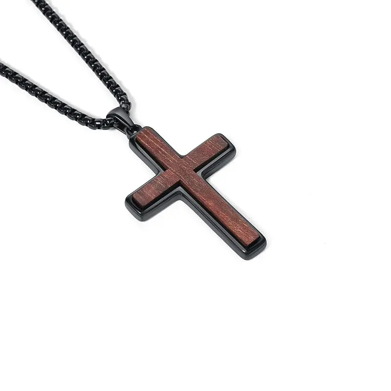 Handmade Cross Emblem Necklace for Men, Spiritual Jewelry with an Ebony Wood Pendant & 24-inch Long Length Black Stainless Steel Chain, Cross Emblem Necklaces, 60 Cm, 24-In (60 Cm), Unisex, Chain Jewelry Necklaces