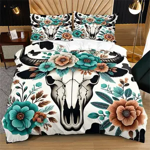 2/3 Piece Western Country and Bohemian Style Fusion Bedding Set, Boho Bed Set, Featuring Printed Duvet Cover Set with Cow Head Bones and Floral Patterns, Soft and Comfortable, Skin Friendly, Includes 1 Duvet Cover and 1/2 Pillowcase