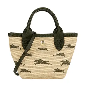Longchamp Le Panier Pliage Small Crossbody Bag with Detachable Strap and Straw-Texture Canvas in Khaki for Women