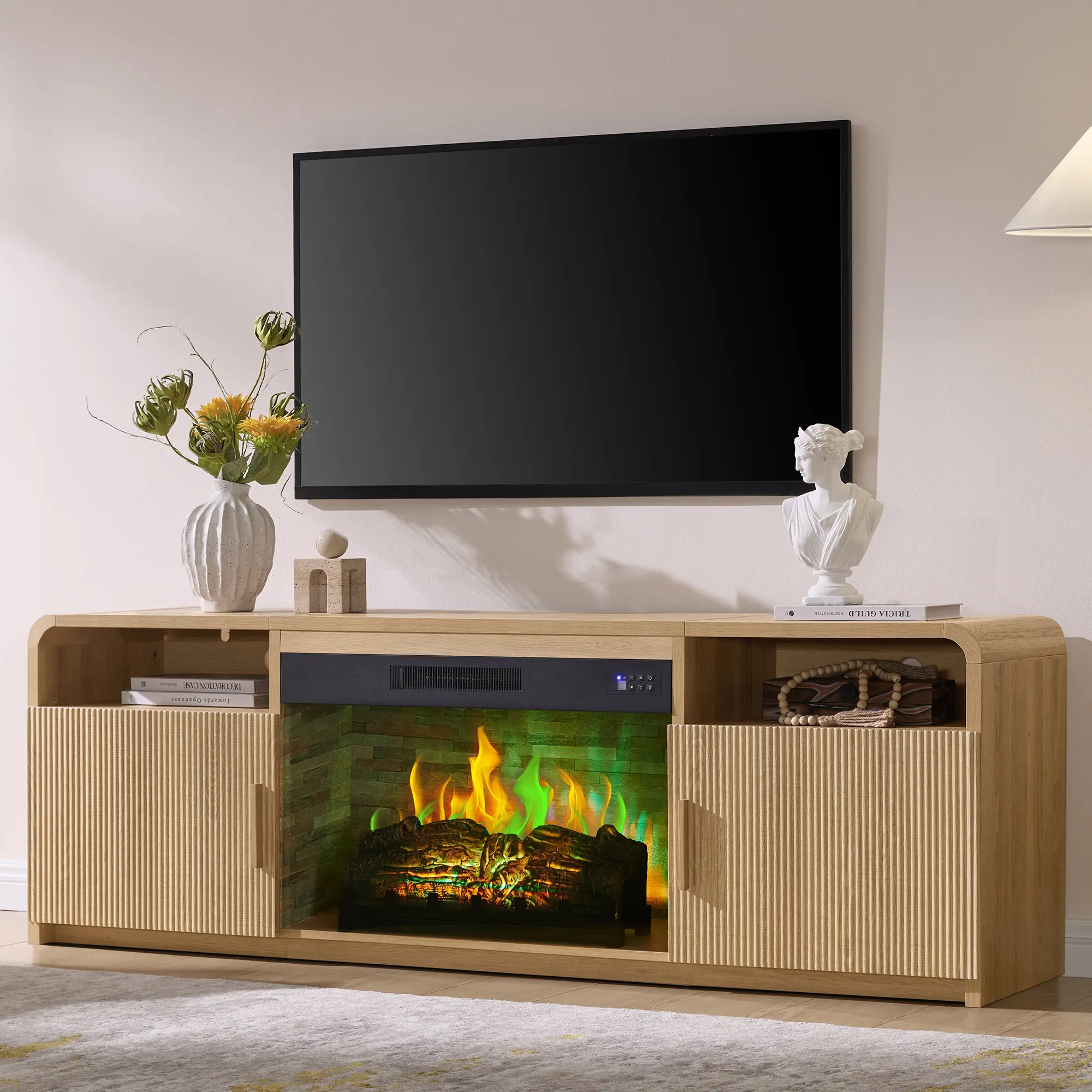 [SummerSale] AMERLIFE 70" Fluted Fireplace TV Stand for TVs Up to 80", Modern TV Console with 30" Electric Fireplace & Storage Cabinets, Media Entertainment Center for Living Room