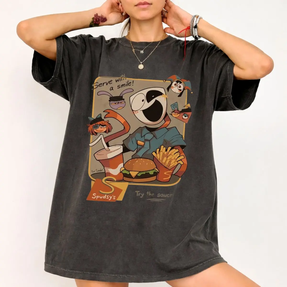Comfort Colors Digitall Circus Spudsy's Shirt, Tadc Gangle Jax Fast Food Graphic Tee, Retro Animation Cartoon T Shirt, Circus Theme Anime The Last Act Outfit , Unisex Fitted Short Sleeve Tee, Casual Clothing