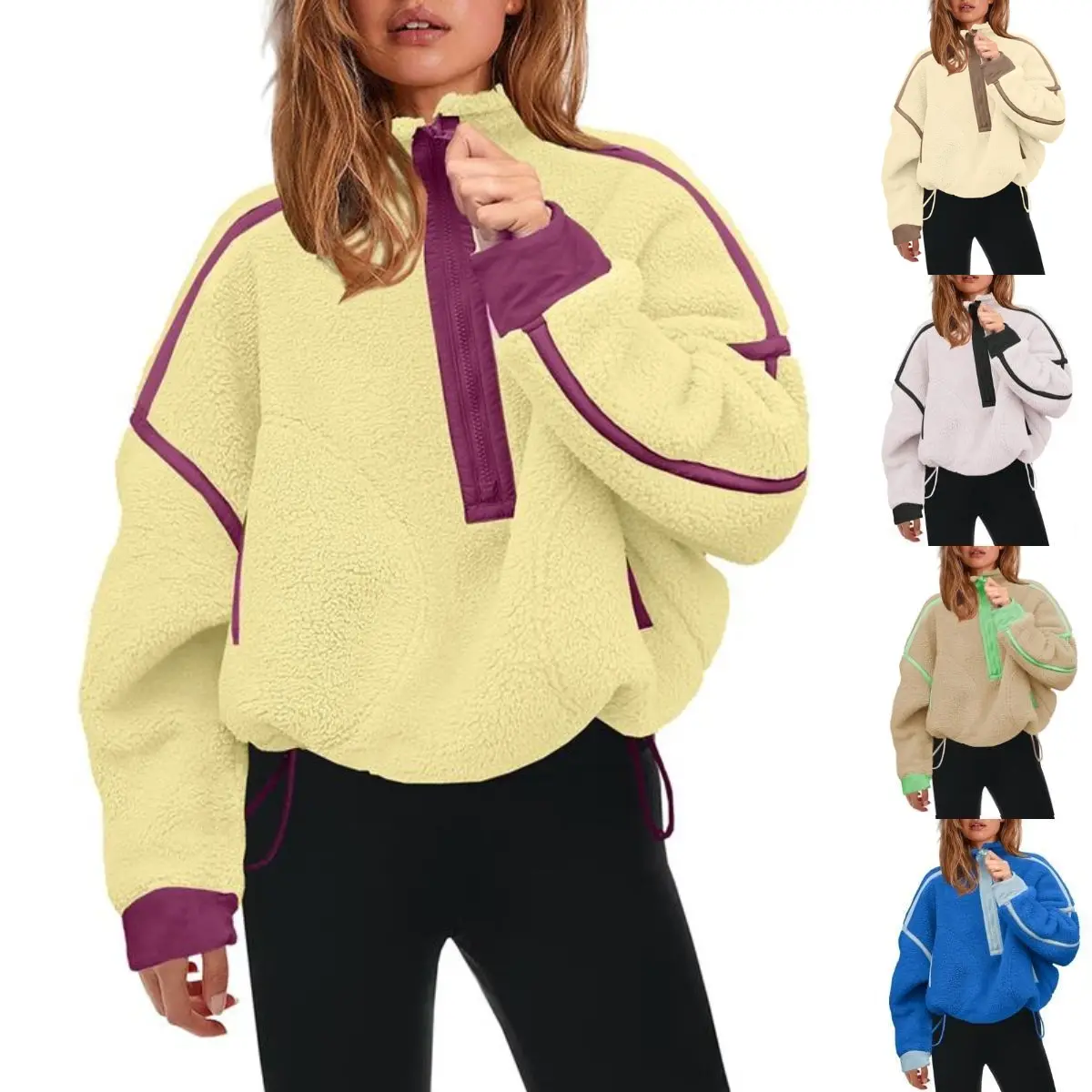 SCUSTY Women's Half Zip Sherpa Fleece Color Block Pullover Soft Oversized Sweatshirt Warm Fuzzy Sweater With Pockets