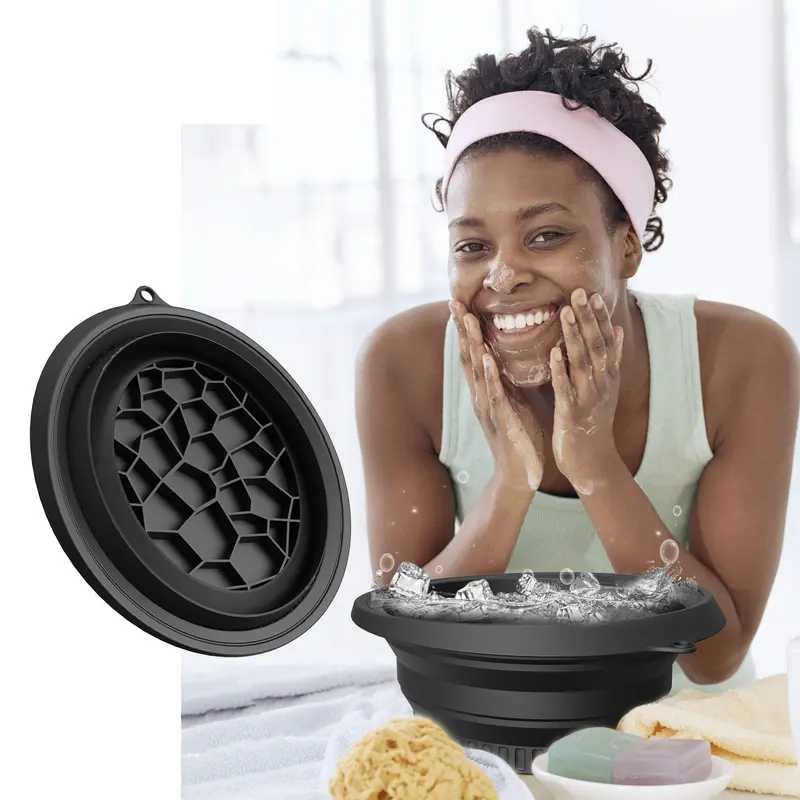 ABS Foldable Compact Washbasin - Space-Saving Ice Facial Wash Basin, Portable Bathroom Wash Tub for Daily Facial Care, Easy Storage (Black)