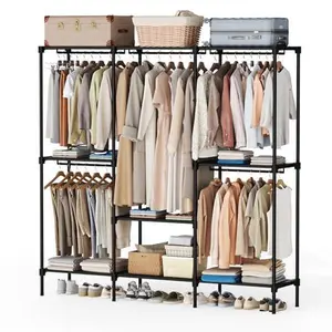 Freestanding Wardrobe with Removable Hanging Rods and Multiple Storage Compartments, Portable Closet Organizer with Adjustable Shelves, Sturdy Metal Frame with Non-Woven Fabric, Perfect for Bedroom Dorm Room and Small Space Clothing Storage