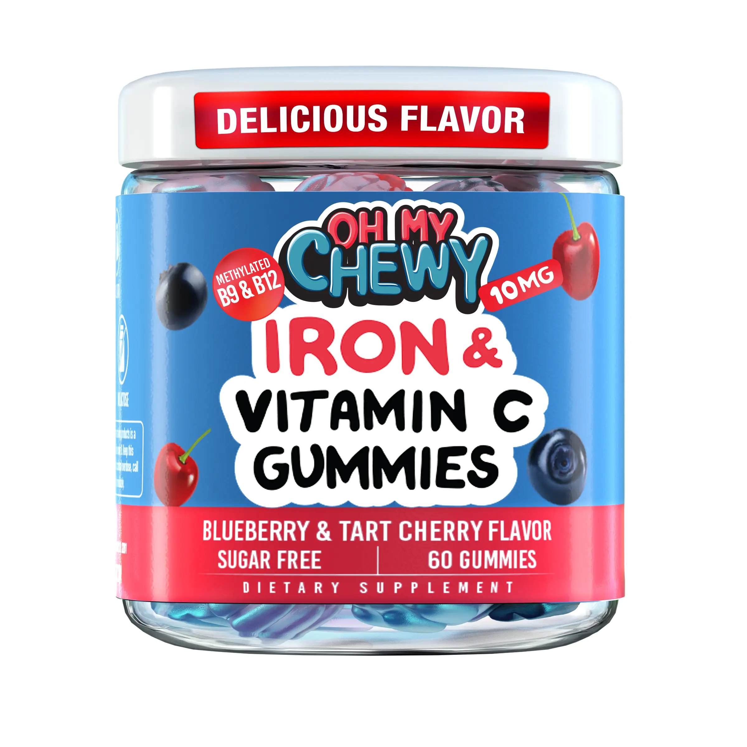 Center-Filled Iron Gummies with 5-MTHF - Sugar-Free and Vitamin C | Methylated B Vitamins and Vitamin C Gummy for Kids 4+, Teens and Adults - Blueberry & Cherry Flavor