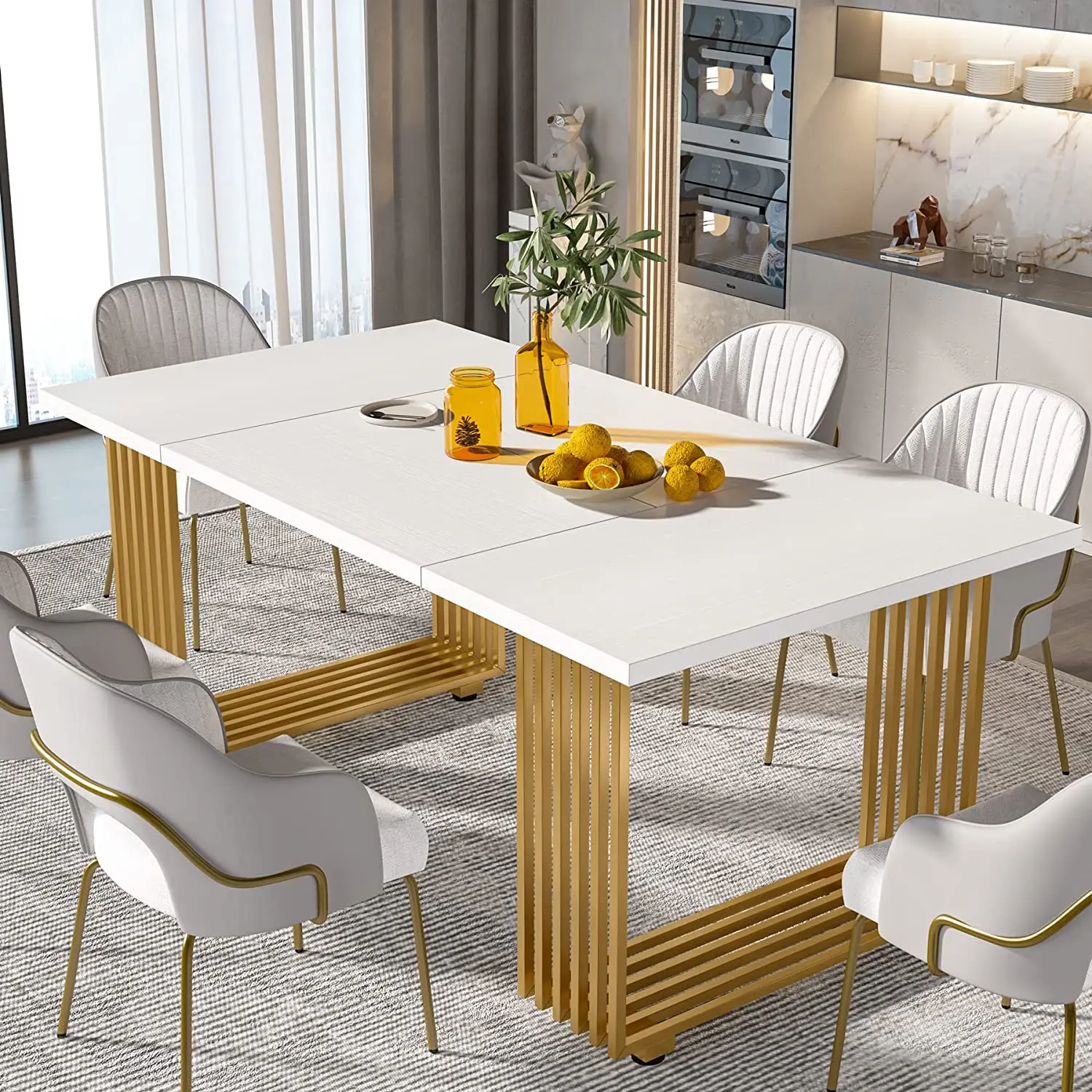 Spaco 70.86in Rectangular Dinner Table - White Wood & Metal Heavy Duty Furniture, Sturdy 6-8 Seater for Family Gatherings, 88 lb Weight Capacity, Assembly Required