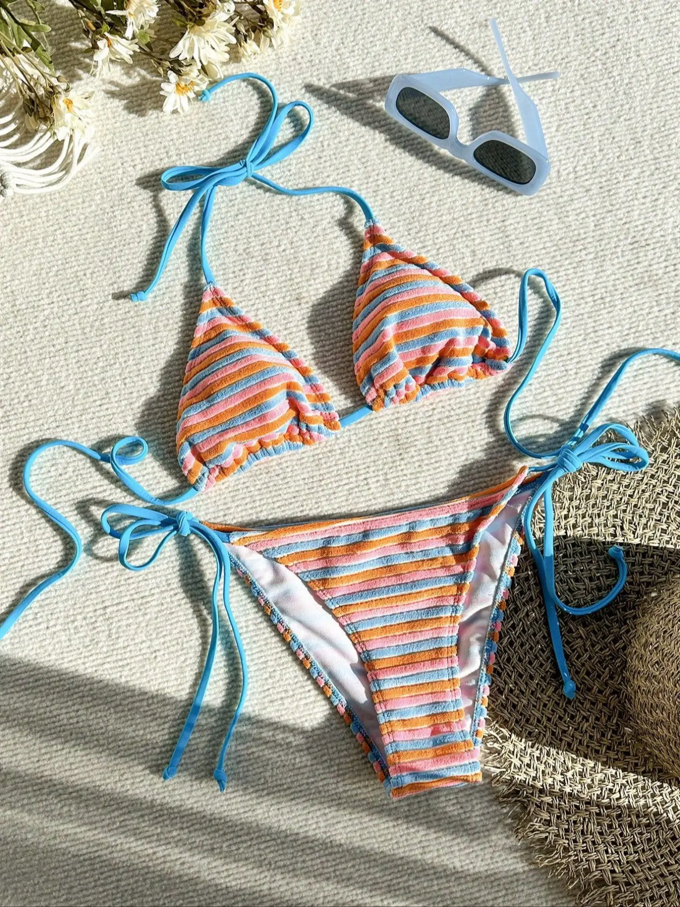 Summer Trendy Striped Tie Side Bikini Set, Cute Lace-Up Design, Sleeveless Triangle Top & Short Pants, Beach Vacation, Drawstring Swimsuit Set, Bikinis Set