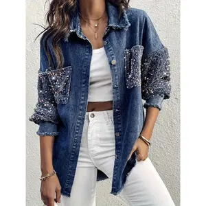 Oversized contrast-color lapel sequin long-sleeve denim jacket with fringe hem, casual coat