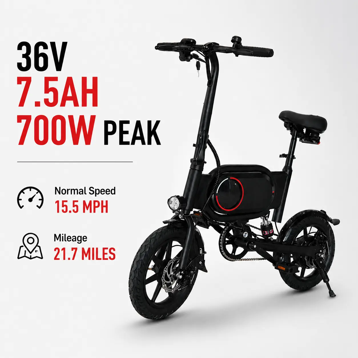 P14 Folding Electric Bike 700W Peak Motor 36V 7.5AH Battery Foldable E-Bike 15.5MPH Max Speed 21.7Miles Range 14 Inch Anti-Puncture Tire Portable Electric Bicycle for Urban Commute Adult City Travel bicicleta bateria 14-inch quick outdoor biking mph