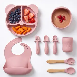 【Mothers Day gift】Bear Design Silicone Feeding Set (9PCS), Baby Plate & Snail Bowl & Bib & Training Spoons (3PCS) & Fork Spoon Set & Curvy Straw Cup, Baby Dinnerware Set,#SummerVibes