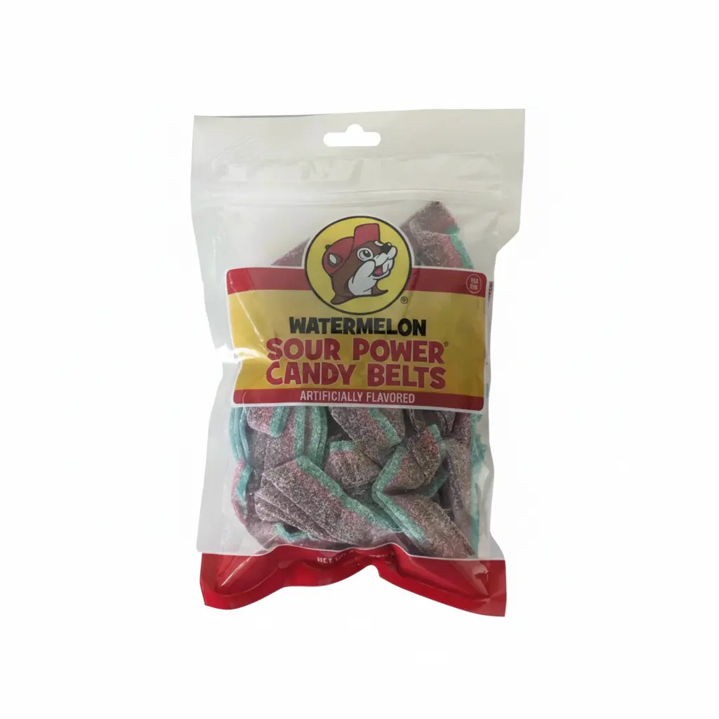 Buc-ee's Sour Power Candy Belts - Watermelon Flavor, Chewy Ribbon Texture, Bold Sour & Fruity Taste, Ideal for Candy Buffets & Party Favors